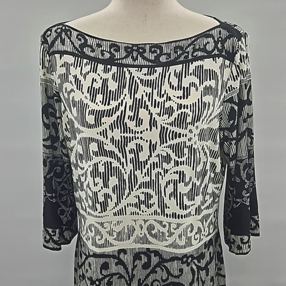 Donna Morgan Black and White Long-Sleeve Scroll Print Dress - Picture 7 of 7